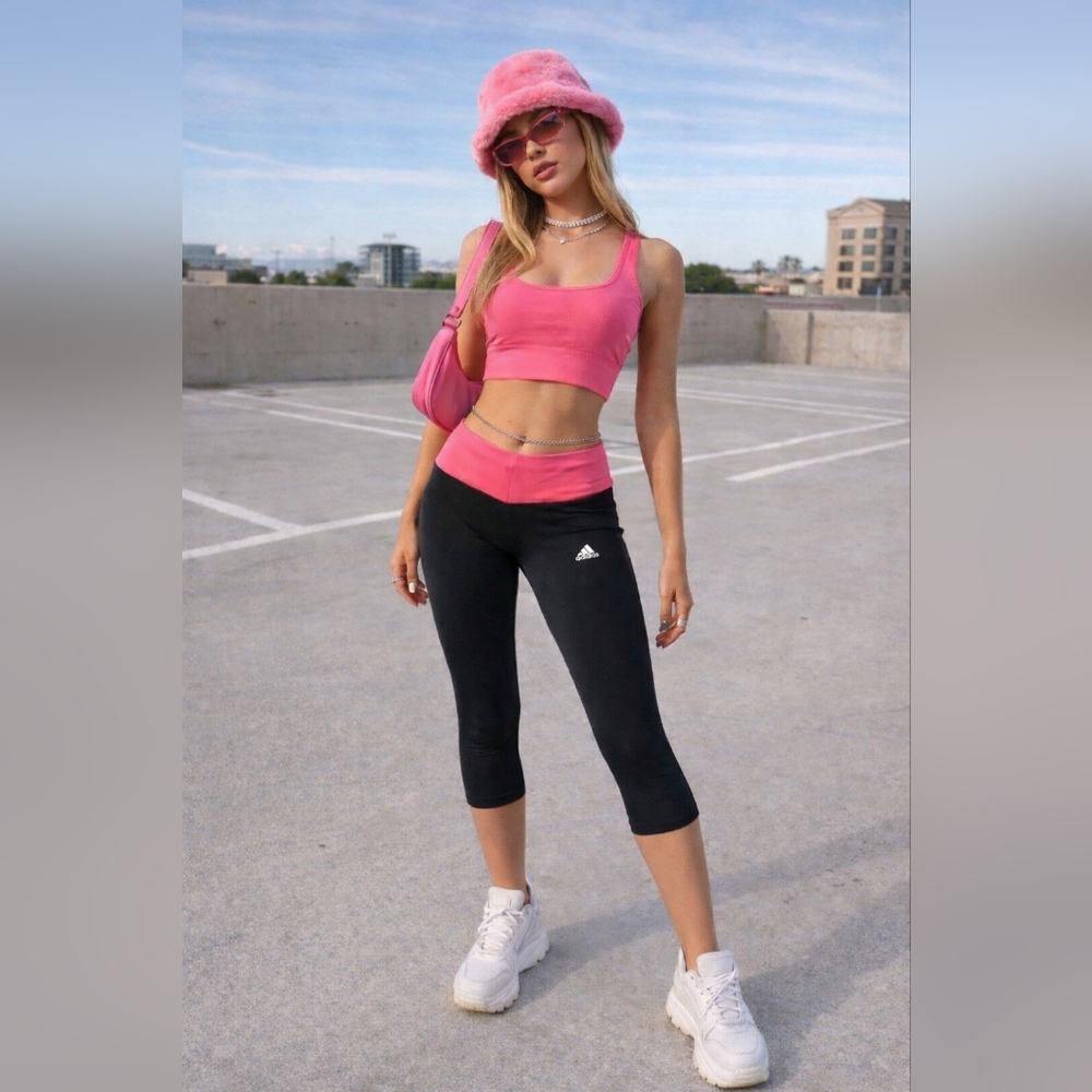 Adidas Mid Rise Pink Cropped Black Yoga Leggings Size Small Y2K - Picture 1 of 5